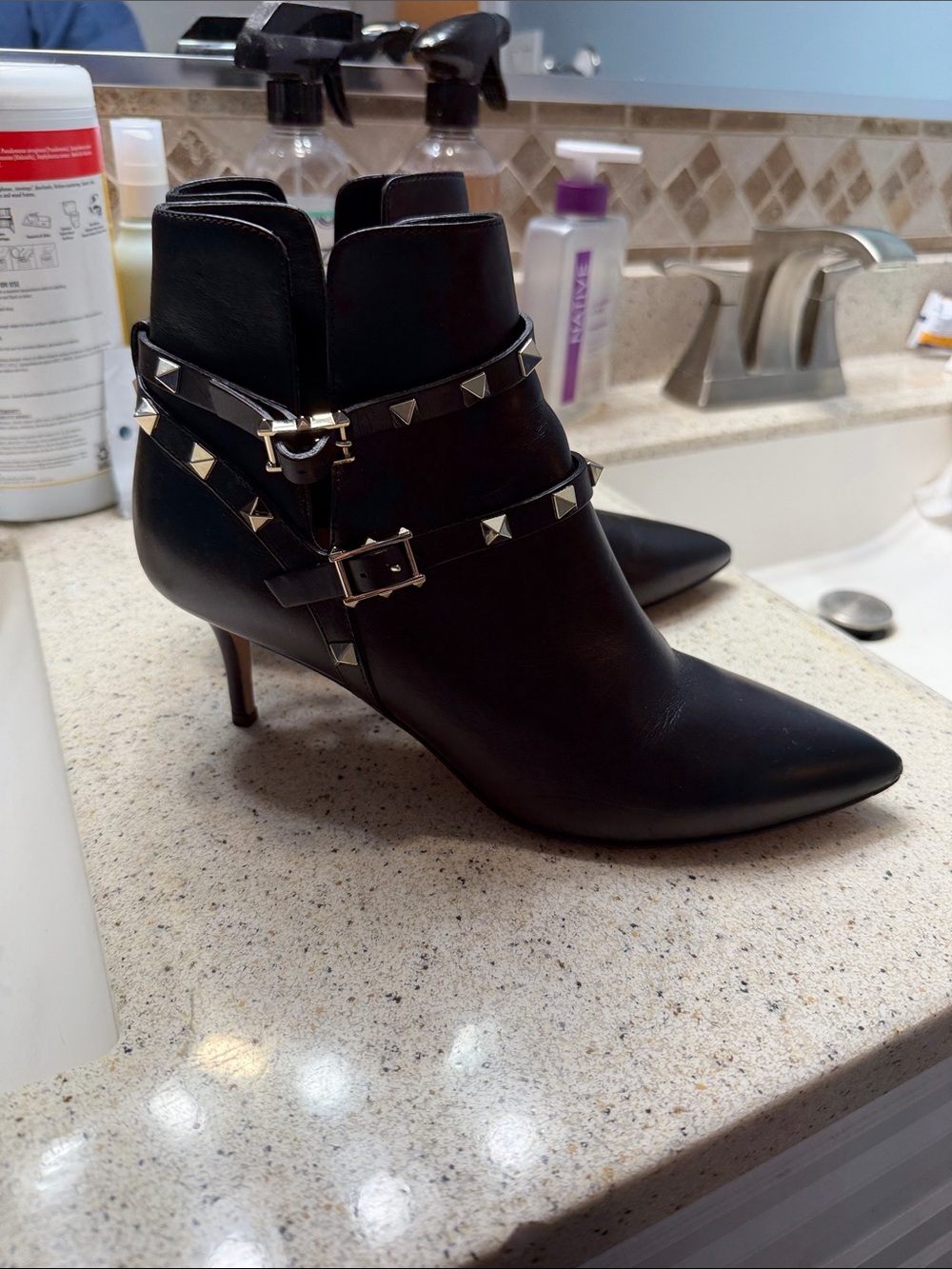 Valentino Garavani Black Studded Pointed-Toe Ankle Boots